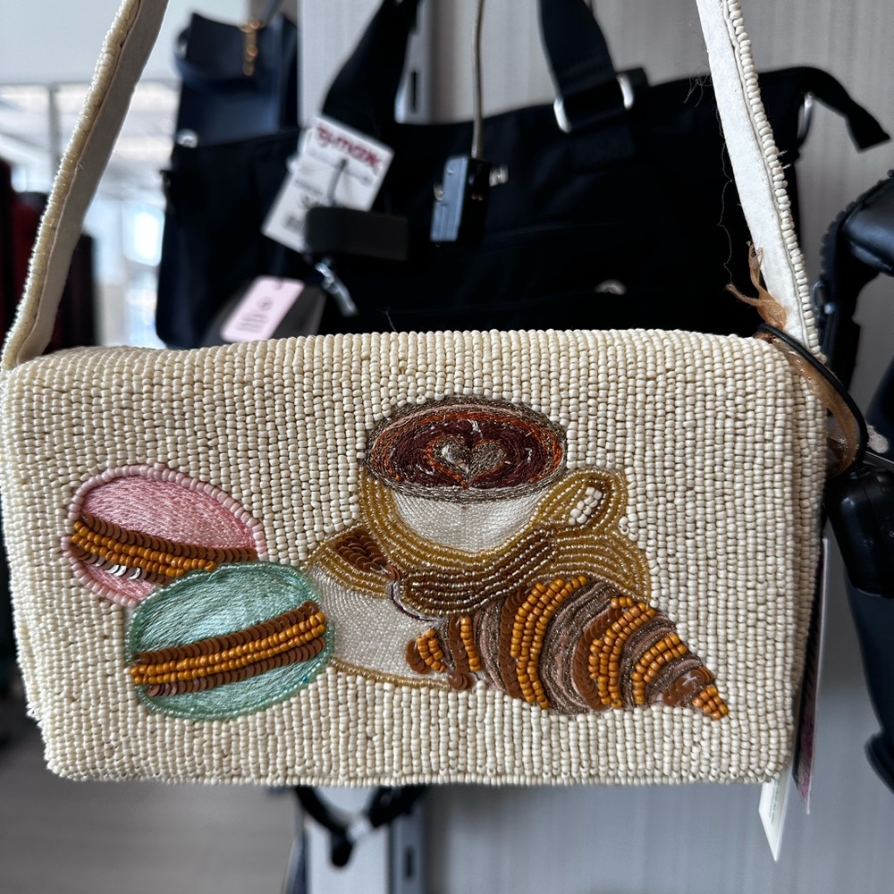 NEW CREAM BEADED BAG WITH MACAROONS,  LATTE AND CROISSANT